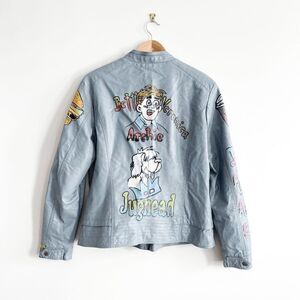 Cleo Womens Riverdale Faux Leather Jacket Full Zip All Over Print Gray Large